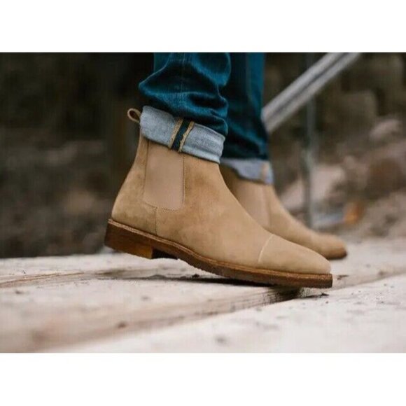 TAFT Outback Chelsea Boots Men 43 US 10 Taupe Suede Leather Ankle Booties Shoes - Picture 1 of 13